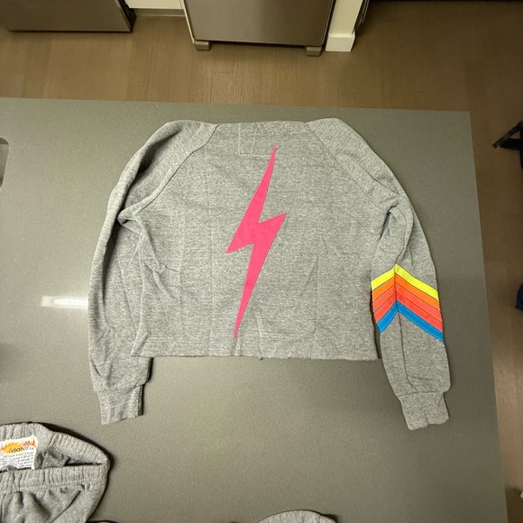 Aviator Nation Gray Hoodie with Rainbow and Pink Lightning - Picture 4 of 5